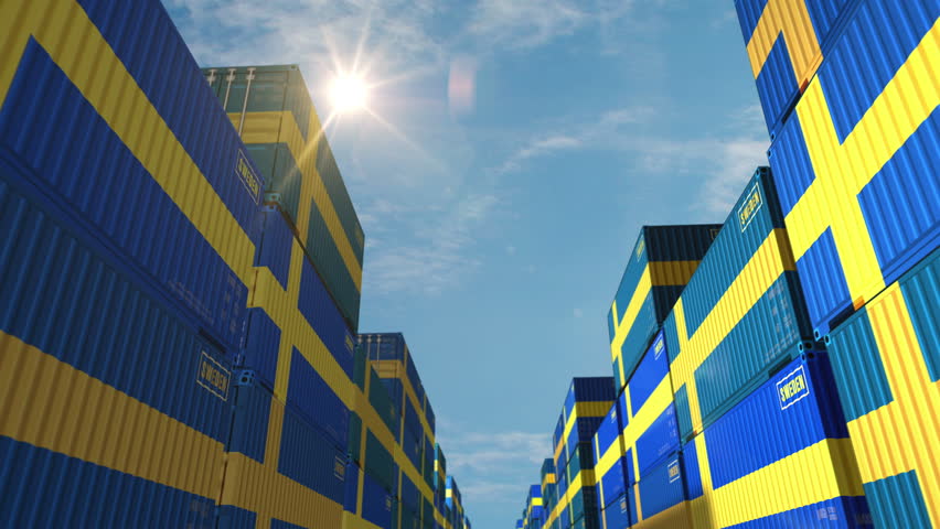 Sweden export production and import cargo containers in row seamless and loopable business concept. Swedish flag industrial shipping box 3d loop.