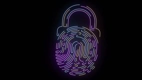 Glowing neon padlock shaped like a fingerprint on dark background, symbolizing biometric security, identity protection, access control and modern cybersecurity. Futuristic line art animation. Loop. - Powered by Shutterstock - Get 15% off with code: PIKWIZARD15