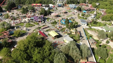 Aerial Drone Sweep Over Skazka Amusement Park in Moscow