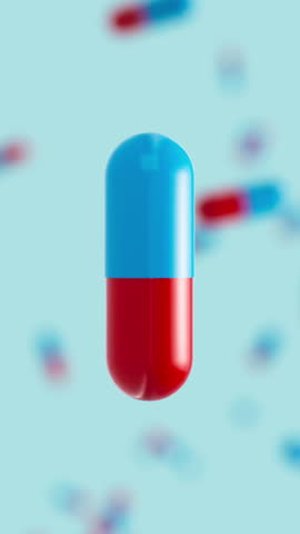 Animation of blue red medicine capsule opening and remedy particles fly out on blue backdrop. Medical research, science concept. 3d render Vertical video