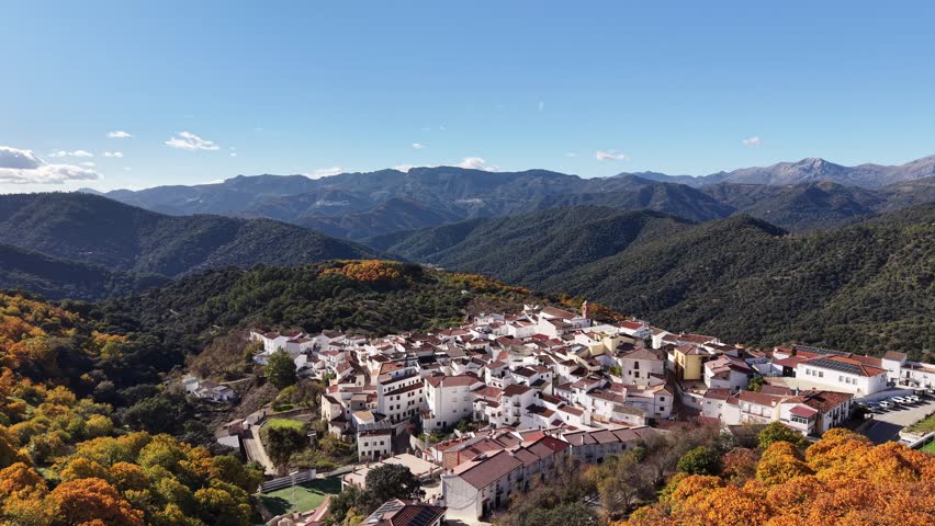 View of the municipality of Farajan in autumn in the Genal Valley, Andalusia