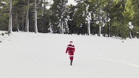Santa Claus climbing on all fours up a snowy hill in a pine forest, moving through deep snow with a gift bag on his back, creating a dynamic festive Christmas scene in a serene winter landscape. - Powered by Shutterstock - Get 15% off with code: PIKWIZARD15