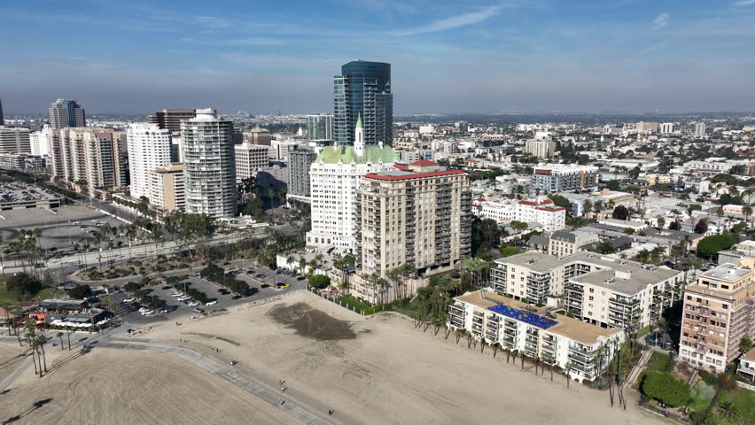 Long Beach, California, USA - Aerial View of Downtown Long Beach, CA on the Beach Path on Alamitos Beach With Luxury Apartments and Condos on Ocean Blvd on a Sunny Day