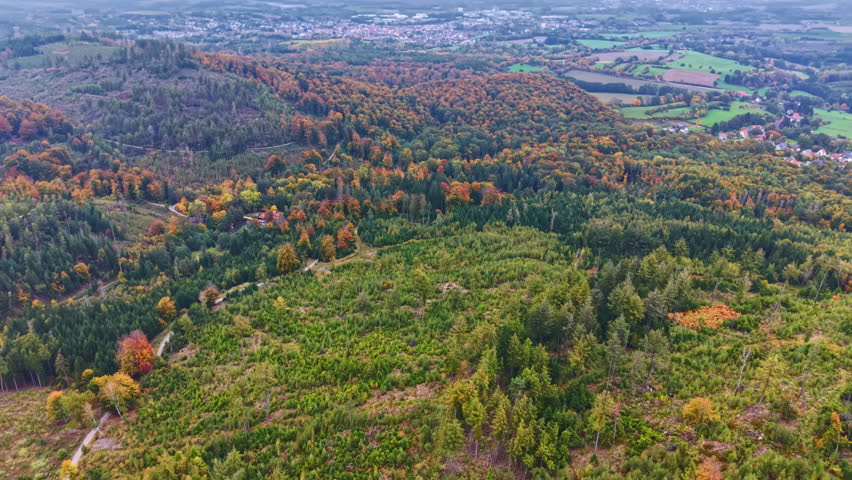 Vibrant shades of orange, red, and yellow fill the forests, while winding paths weave through lush greenery, showcasing the beauty of nature in the fall season.