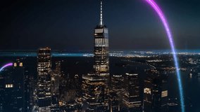 Panoramic view of a modern city at night, featuring dynamic light streams around towering skyscrapers, illustrating global digital network connections - Powered by Shutterstock - Get 15% off with code: PIKWIZARD15