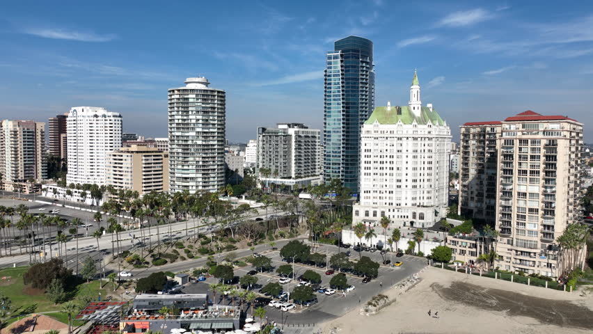 Long Beach, California, USA - Aerial View of Alamitos Beach on Ocean Blvd Zooming In The Current Apartment Building in Shoreline Long Beach, CA