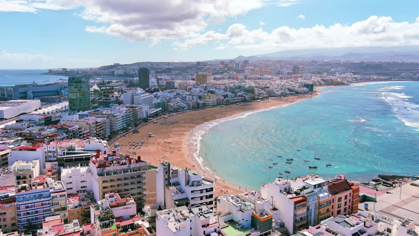 Las Palmas de Gran Canaria, Canary Islands, Spain: Aerial view of one of capital cities of Canary Islands, famous beach Playa de Las Canteras - landscape panorama of  Atlantic Ocean islands from above