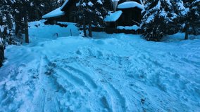Cozy wooden cabin hidden in a snowy Canadian forest, surrounded by tall pine trees. Video with real crunching snow sounds, creating a peaceful winter and holiday atmosphere. - Powered by Shutterstock - Get 15% off with code: PIKWIZARD15