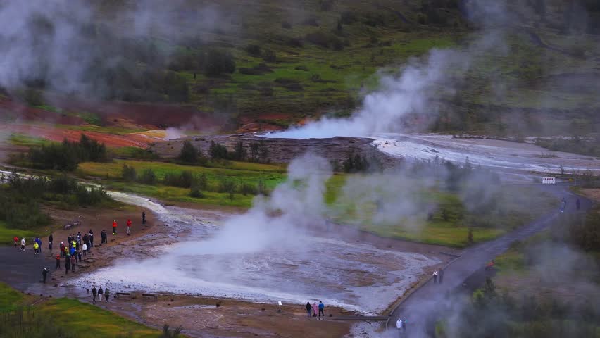 An aerial view of Strokkur fountain-type geyser in the Geysir Geothermal Area, Iceland