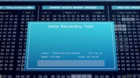 Data recovery process screen on cloud storage server, database protection backup for restore secure file sharing network, cyber security software technology, retro binary computer repair monitor UI - Powered by Shutterstock - Get 15% off with code: PIKWIZARD15