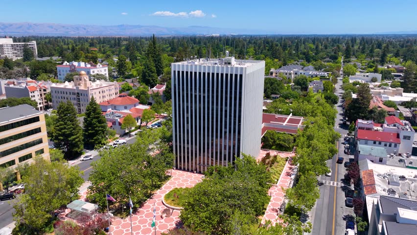 City of Palo Alto (City Hall) aerial view at 250 Hamilton Avenue in historic city center of Palo Alto, California CA, USA. 