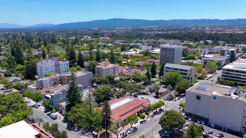 Historic residential houses aerial view in historic city center of Palo Alto, California CA, USA. 