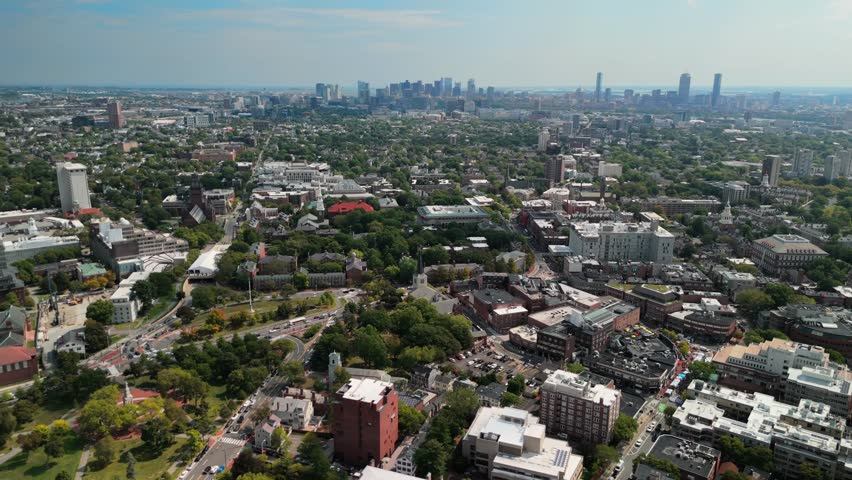 Flagstaff Park. Grassy City Park Edged By Trees With An American Revolution Memorial In Cambridge, Massachusetts, USA. Aerial Shot