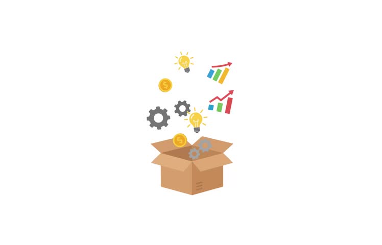 Open cardboard box animation with technology and business icons flying out. Gear, bulb, graph, and coin symbols popping up for startup idea, innovation, and product launch concept.