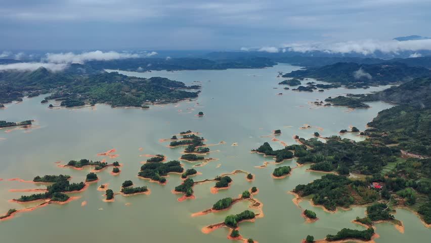 Aerial view of beautiful tieshan Lake natural landscape in hunan