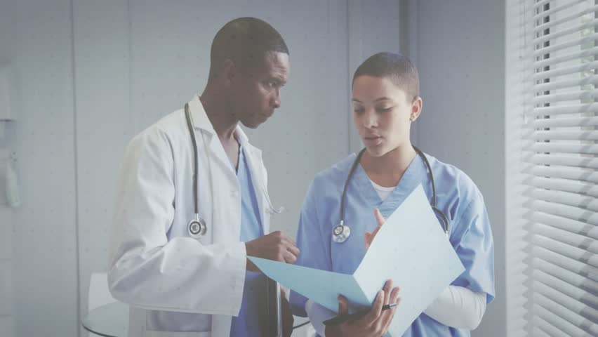 Discussing patient data, doctors with financial graphs overlaying scene in animation. Healthcare, medical, teamwork, innovation, analysis, strategy - Powered by Shutterstock - Get 15% off with code: PIKWIZARD15