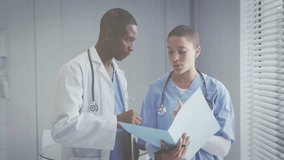 Discussing patient data, doctors with financial graphs overlaying scene in animation. Healthcare, medical, teamwork, innovation, analysis, strategy - Powered by Shutterstock - Get 15% off with code: PIKWIZARD15