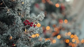 Frosted Christmas tree branch with red berries and golden bokeh lights, winter holiday decoration, festive background, warm Christmas atmosphere, classic seasonal ornament detail - Powered by Shutterstock - Get 15% off with code: PIKWIZARD15
