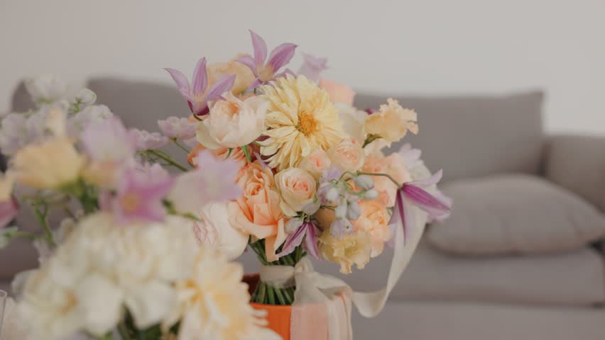 A Beautiful, Delicate Floral Arrangement With Several Types Of Flowers At Home. Selective Focus Shot