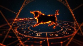 Astrology Taurus Zodiac Sign Loop Background – Burning Bull Silhouette with Neon Constellation Lines and Gold Orange Horoscope Circle - Powered by Shutterstock - Get 15% off with code: PIKWIZARD15