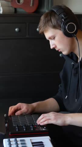 Young caucasian man wearing headphones creating music on a MIDI drum pad machine, focusing intently on beat production, rhythm composition, and audio mixing in a home studio, natural light