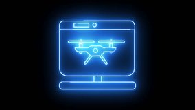 A neon blue outline of a computer monitor displaying a drone icon against a black background - Powered by Shutterstock - Get 15% off with code: PIKWIZARD15