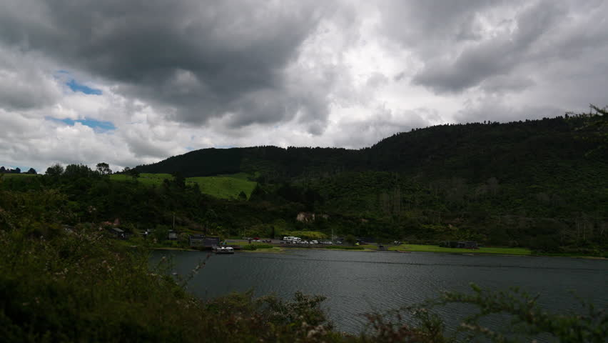 Stormy lakeside hills near Orakei Korako New Zealand