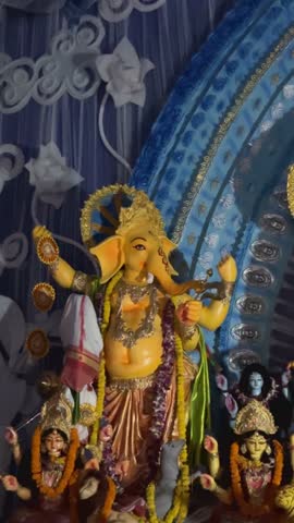 Subho mahalaya, An idol of hindu god Ganesh decorated in Pandal. Durga Puja is biggest religious festival of Hinduism and for bengalis and is now celebrated.