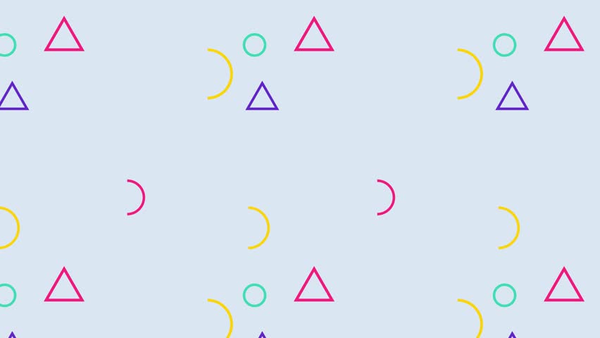 Playful modern animated memphis style geometric shapes pattern moving abstract background loop