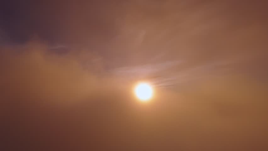 Dramatic Aerial Sunset View Above Dark Sea of Clouds and Blue Sky