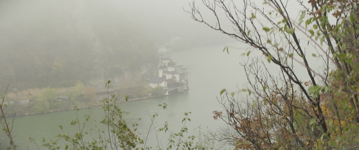 River Danube canyon and monastery Mraconia 5.7K scope video