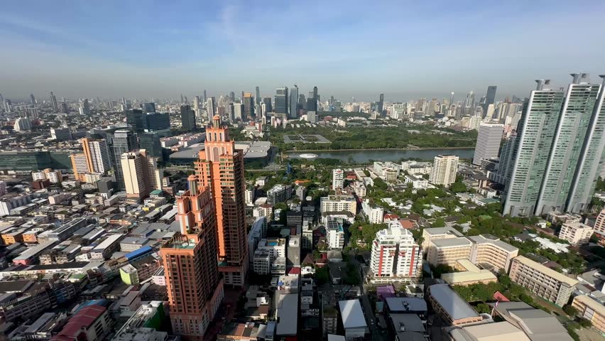 Wide angle Bangkok Thailand skyline skyscrapers scene in Southeast Asia with modern high-rise architecture urban cityscape views
