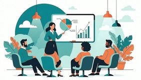 Seamless 2D flat design animation loop featuring a businesswoman presenting financial data, pie charts, and bar graphs on a screen to a diverse team in an office setting. - Powered by Shutterstock - Get 15% off with code: PIKWIZARD15