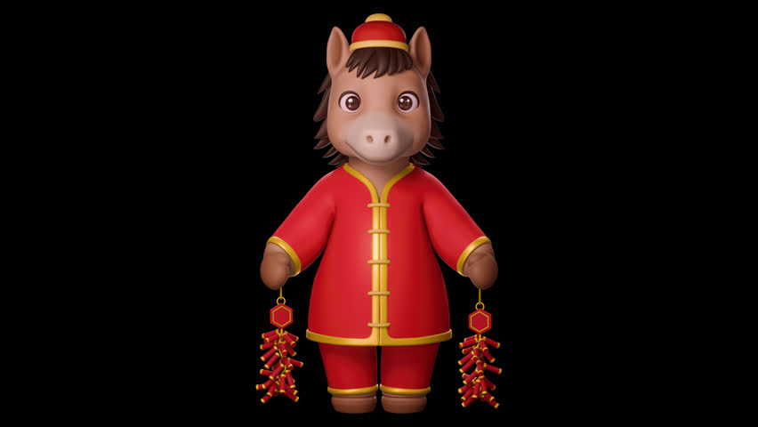 3D Alpha animation of cute chinese Horse character holding firecrackers with both hands . celebrating chinese or lunar new year 2026, 4k seamless or loop transparent video