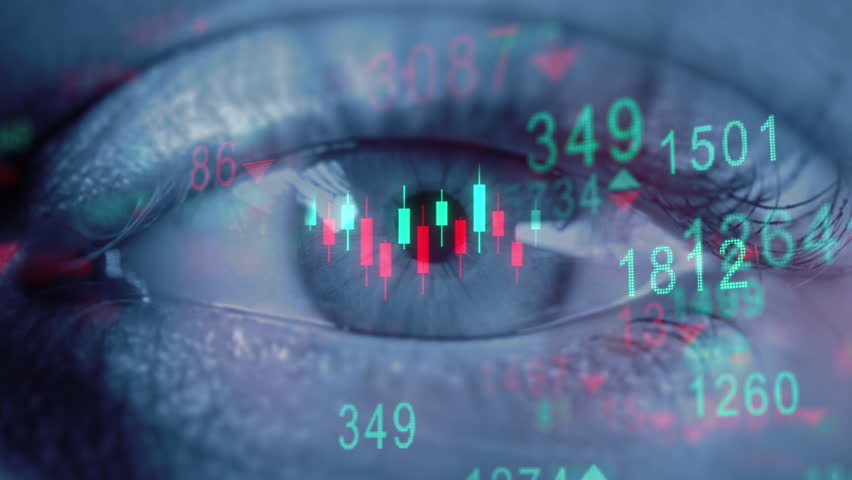 Close up of human eye with candlestick chart reflection, trader vision of financial market, forex and BTC ETH cryptocurrency trading, stock exchange, investment and digital finance concept