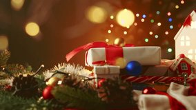 Warm and cozy Christmas scene featuring gift boxes with red ribbons, festive ornaments, pine cones and garlands, with soft glowing bokeh lights from a holiday tree in the background. - Powered by Shutterstock - Get 15% off with code: PIKWIZARD15