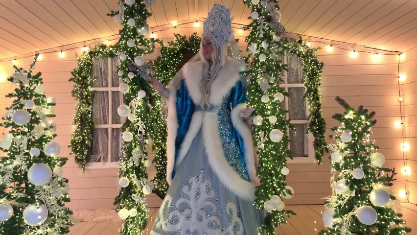 Snow Maiden is looking for Father Frost on the porch of a decorated winter house.