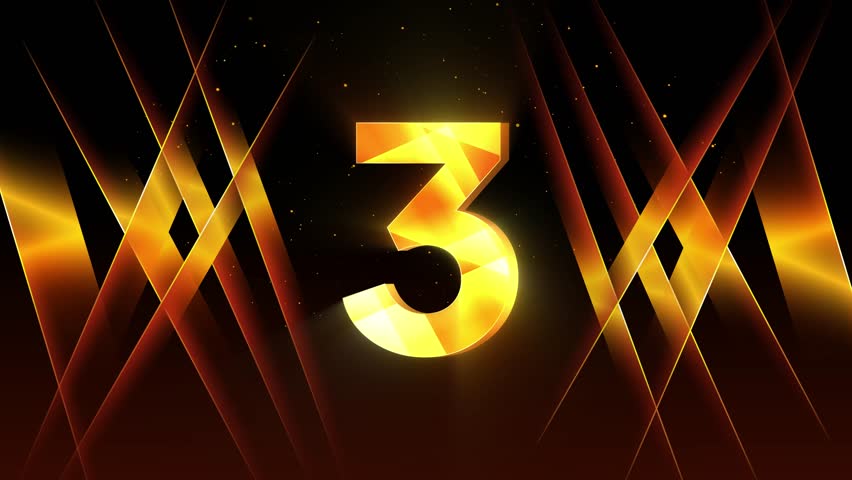 Golden Number Three Animation - 3D Shiny Countdown Video for Intros, Events and Corporate Promos
