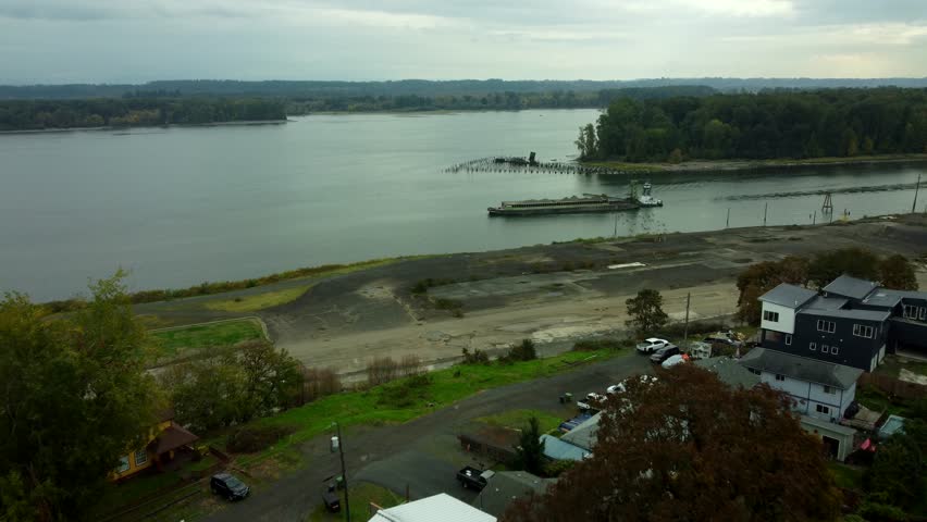 US, OR, St Helens, 2025-10-22 - Drone view of a barge on the Columbia River