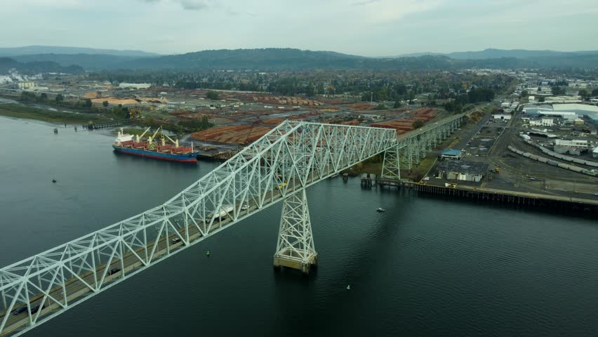 US, WA, Longview, 2025-10-22 - Drone view of the Lewis and Clark Bridge connecting Oregon to Washington