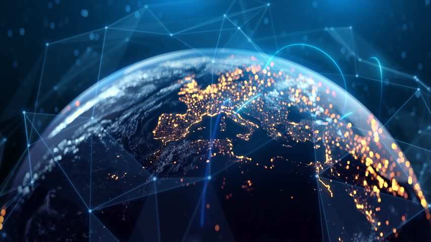 Global Connection Lines. Network Data Transfer Over Earth. Futuristic AI Technology, 5G, Satellite Communication, Internet Connectivity, Big Data, Digital World Background Animation. Crypto Exchange