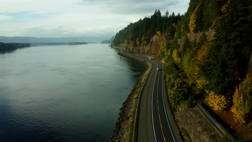 US, WA, Klatskanie, 2025-10-22 - Drone view of Highway 4 along the Columbia River in fall