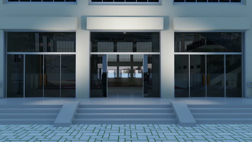 3D animation of gate entrance phasing build-up. Ramadan islam decoration setup visualization showing tunnel and backdrop structure in clean minimal indoor hall environment.