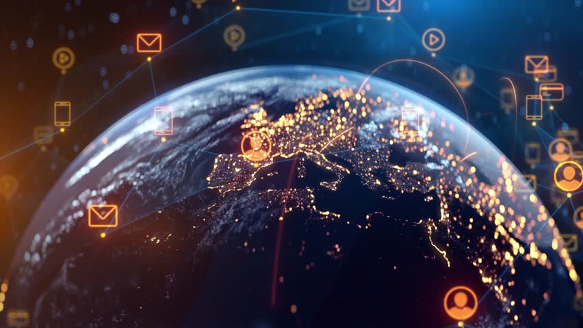 Global Social Network Connections and Earth Digital Data Transfer. Online Communication, Community, Data Sharing, People Interaction, Cloud, Internet, Future Technology, Connectivity, Virtual Network