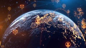Global Social Network Connections and Earth Digital Data Transfer. Online Communication, Community, Data Sharing, People Interaction, Cloud, Internet, Future Technology, Connectivity, Virtual Network - Powered by Shutterstock - Get 15% off with code: PIKWIZARD15