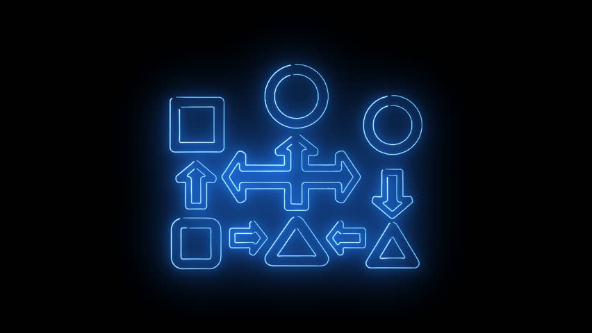 Neon organizational chart with geometric shapes, directional arrows, and structured decision-making flow in blue glowing design