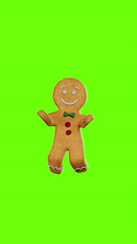 Gingerbread man dancing. 3D animation. Green screen vertical background. 3d rendering not AI