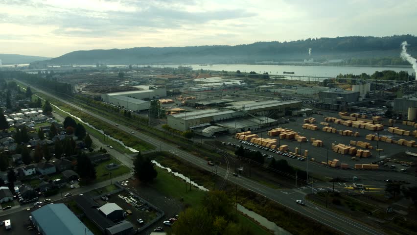 US, WA, Longview, 2025-10-22 - Drone view of the giant Weyerhauser Lumber plant