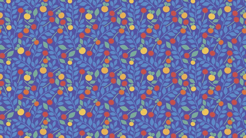 Seamless botanical stylized pattern video with yellow, red and orange berries with blue leaves on blue background. Could be used as wallpaper or background for any content, loops continuously. 
