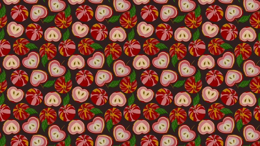 Seamless botanical pattern video with red colorful apples and halves with green leaves on dark brown background. Could be used as wallpaper or background for any content, loops continuously. 